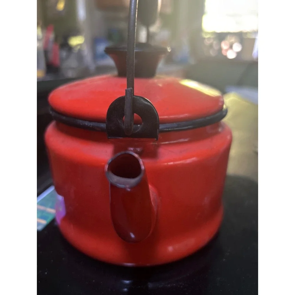 Vintage Red Enamel Tea Kettle Stovetop Teapot Black Handle Retro Kitchenware